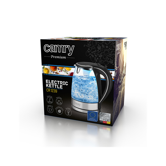 Camry Kettle CR 1239 Electric, 2000 W, 1.7 L, Glass, 360° rotational base, Black