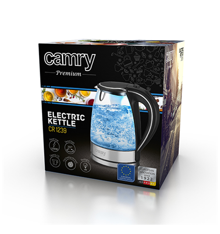 Camry Kettle CR 1239 Electric, 2000 W, 1.7 L, Glass, 360° rotational base, Black