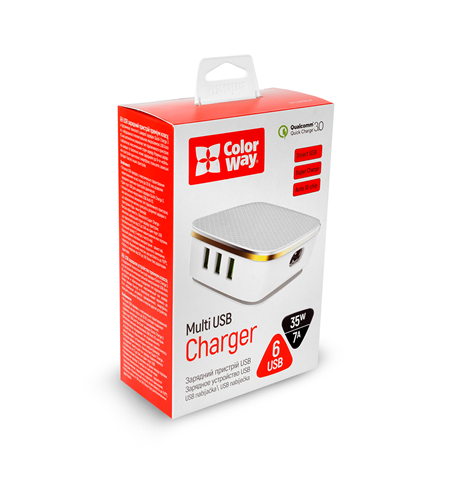 ColorWay AC Charger Multi USB Charger 6 x USB Type-A, 1 QC 3.0 + 5 AUTO ID, Fast charging, White, 5 V, 35 W, 7.0 A
