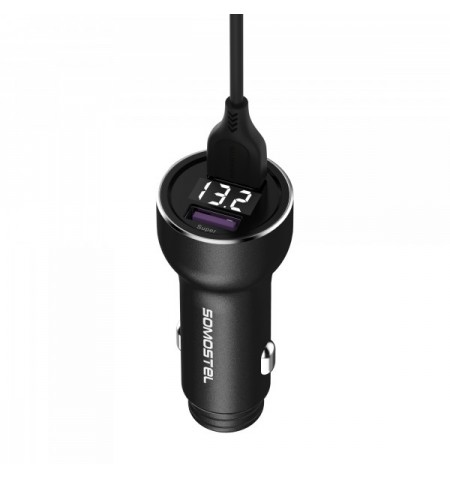 CAR CHARGER 5A BLACK + METER + CABLE IPHONE SOMOSTEL 30W 2XUSB DUAL SMS-A89 QUICK CHARGE QC 3.0 METAL - POWER DELIVERY