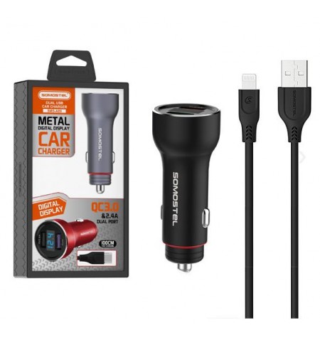 CAR CHARGER 5A BLACK + METER + CABLE IPHONE SOMOSTEL 30W 2XUSB DUAL SMS-A89 QUICK CHARGE QC 3.0 METAL - POWER DELIVERY
