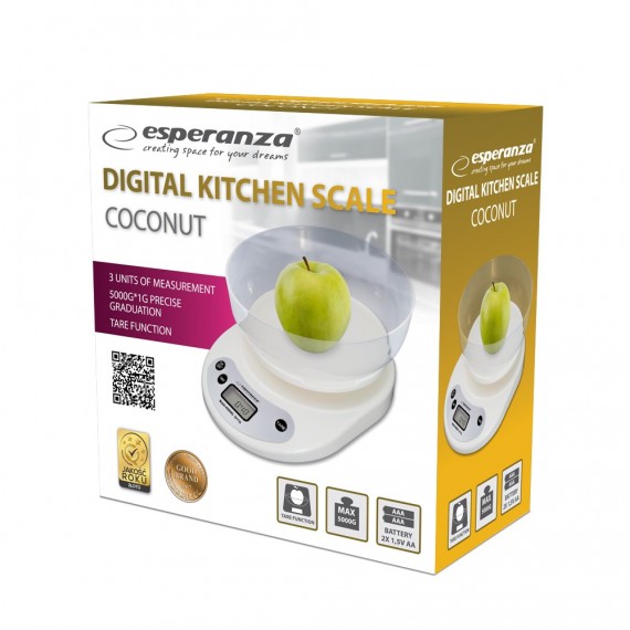 Esperanza EKS007 virtuvės svarstyklės su dubeniu. Balta elektroninė virtuvinė svarstyklė