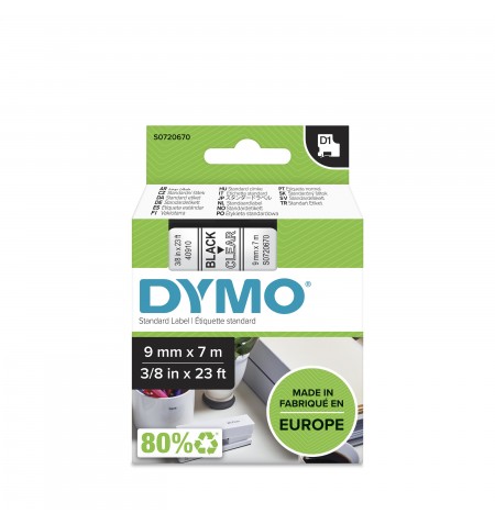 DYMO D1 Standard - Black on Transparent - 9mm etikečiu juostelė Juoda ant skaidrios