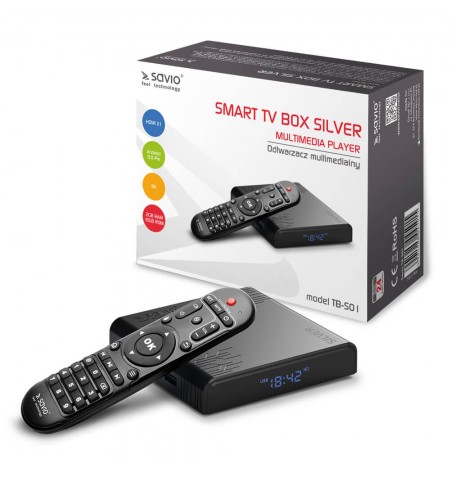 SAVIO Silver Smart TV Box TB-S01, 2/16 GB, G31  MP2 - 8K Ultra HD, Android 9.0 Pie, HDMI v 2.1, WiFi, 100mbps, USB 3.0