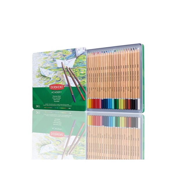 Akvarelinių pieštukų rinkinys Derwent Academy, 24 spalvų, metalinėje dėžutėje