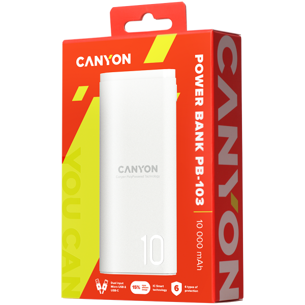 CANYON PB-103 Power bank 10000mAh Li-poly battery, Input 5V/2A, Output 5V/2.1A, with Smart IC, White, USB cable length 0.25m, 12