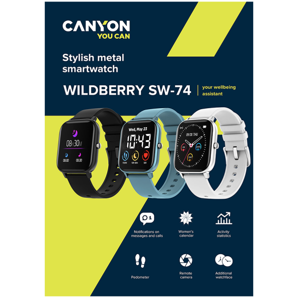 CANYON Wildberry SW-74, Smart watch, 1.3inches TFT full touch screen, Zinic+plastic body, IP67 waterproof, multi-sport mode, com