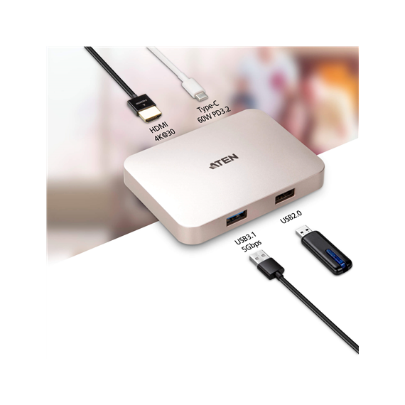 Aten USB-C 4K Ultra Mini Dock with Power Pass-through USB 3.0 (3.1 Gen 1) ports quantity 1, USB 2.0 ports quantity 1, HDMI ports