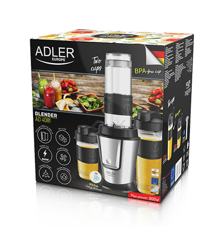 Adler Blender AD 4081 Tabletop, 800 W, Jar material BPA Free Plastic, Jar capacity 0.57 and 0.4 L, Ice crushing, Black/Stainless