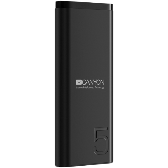 CANYON PB-53 Power bank 5000mAh Li-poly battery, Input 5V/2A, Output 5V/2.1A, with Smart IC, Black, USB cable length 0.25m, 120 