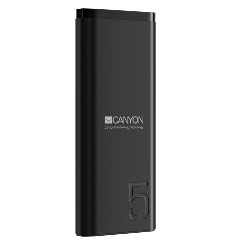 CANYON PB-53 Power bank 5000mAh Li-poly battery, Input 5V/2A, Output 5V/2.1A, with Smart IC, Black, USB cable length 0.25m, 120 