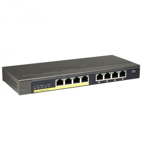 Netgear ProSafe Plus Switch, 8x10/100/1000 RJ45 ports, 4-PoE ports (management via PC utility), 53W PoE budget, 32 VLANs support