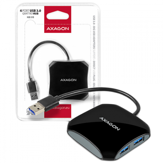 Axagon compact four-port USB 3.0 Quattro hub suitable for ultrabooks. Cable 16 cm.