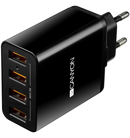 CANYON H-06 Universal 4xUSB AC charger (in wall) with over-voltage protection, Input 100V-240V, Output 5V-5A, with Smart IC, bla