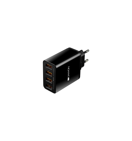 CANYON H-06 Universal 4xUSB AC charger (in wall) with over-voltage protection, Input 100V-240V, Output 5V-5A, with Smart IC, bla