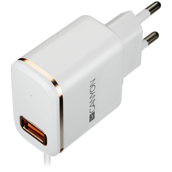 CANYON H-043 Universal 1xUSB AC charger (in wall) with over-voltage protection, plus lightning USB connector, Input 100V-240V, O