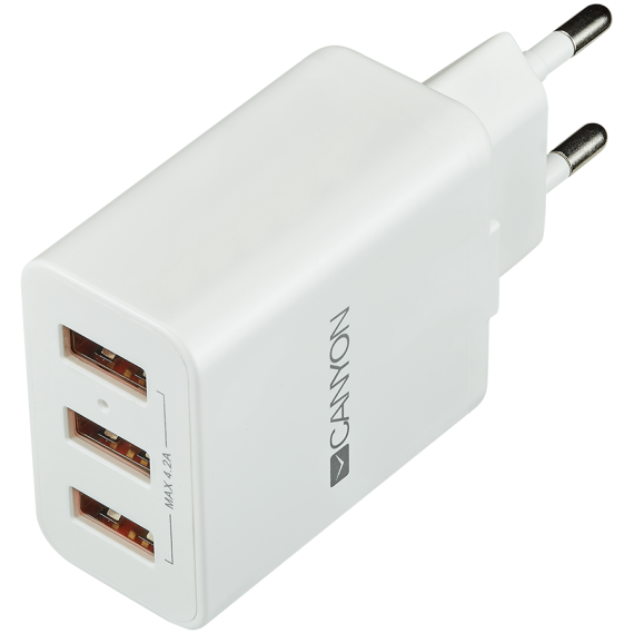 CANYON H-05 Universal 3xUSB AC charger (in wall) with over-voltage protection, Input 100V-240V, Output 5V-4.2A, with Smart IC, w