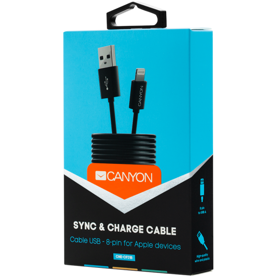 CANYON CFI-1 Lightning USB Cable for Apple, round, cable length 1m, Black, 15.9 7 1000mm, 0.018kg