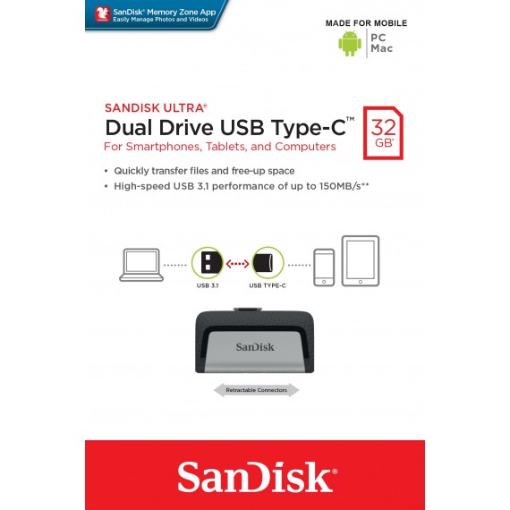 Sandisk Ultra Dual Drive USB Type-C USB atmintukas 32 GB USB Type-A / USB Type-C 3.2 Gen 1 (3.1 Gen 1) Juoda, Sidabras