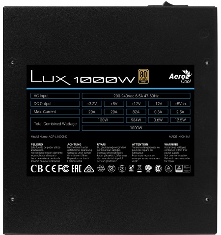 Aerocool LUX maitinimo blokas 1000 W 20+4 pin ATX ATX Juoda, Mėlyna