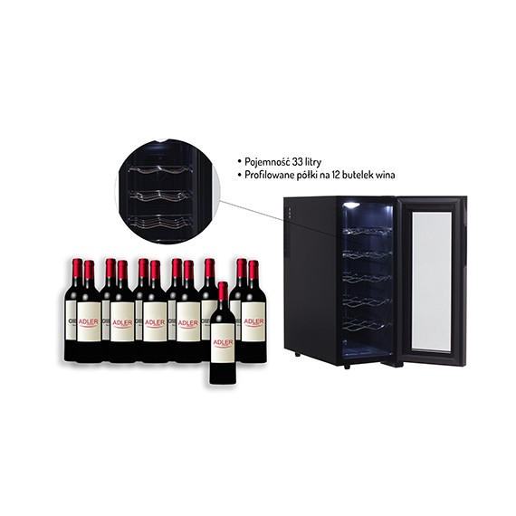 Adler AD 8075 vyno šaldytuvas Termoelektrinis vyno šaldytuvas Pastatomi Juoda, Permatomas 12 buteliai