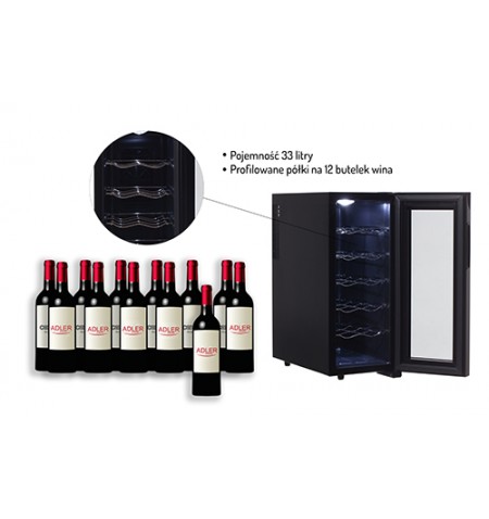 Adler AD 8075 vyno šaldytuvas Termoelektrinis vyno šaldytuvas Pastatomi Juoda, Permatomas 12 buteliai