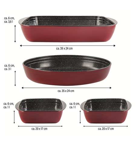 Stoneline Casserole dish set of 4pcs 21789 1+1+3+3.6 L, 20x17/35x24/39x24 cm, Borosilicate glass, Red, Dishwasher proof