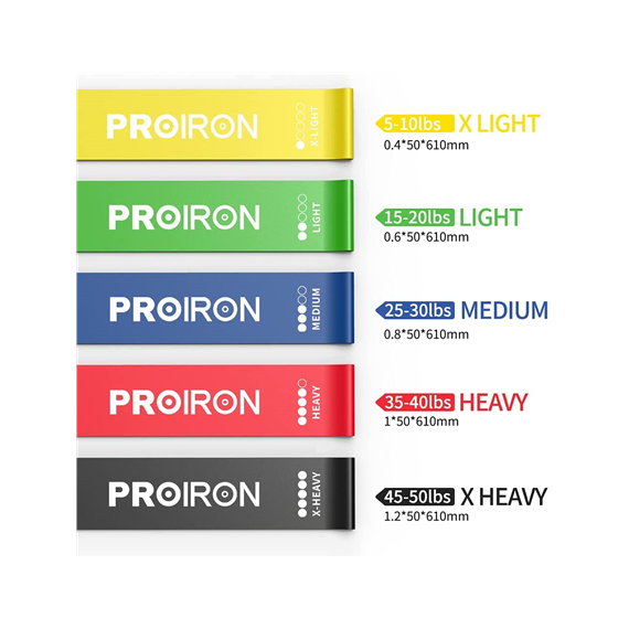 PROIRON Exercise Resistance Bands Set Lifting Straps, 60 x 5 cm, 5 pcs. (Yellow: X-light, Green: Light, Blue: Medium, Red: Heavy