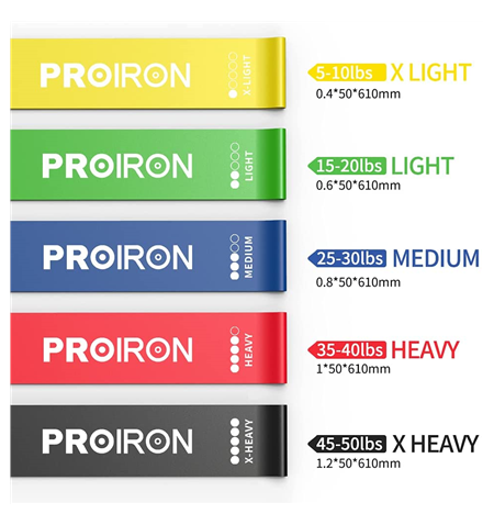 PROIRON Exercise Resistance Bands Set Lifting Straps, 60 x 5 cm, 5 pcs. (Yellow: X-light, Green: Light, Blue: Medium, Red: Heavy