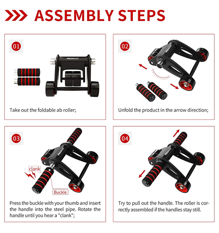 PROIRON Ab Abdominal Roller Whee Black/Red, Stainless-steel bar / Foam handles, Ab roller + Mat