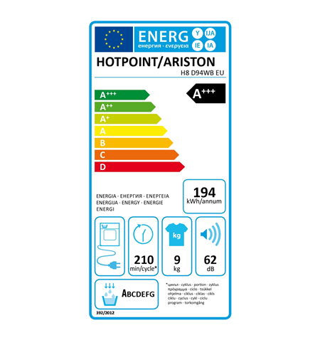 Hotpoint Dryer machine H8 D94WB EU Energy efficiency class A+++, Front loading, 9 kg, Condensation, LCD, Depth 64.9 cm, White
