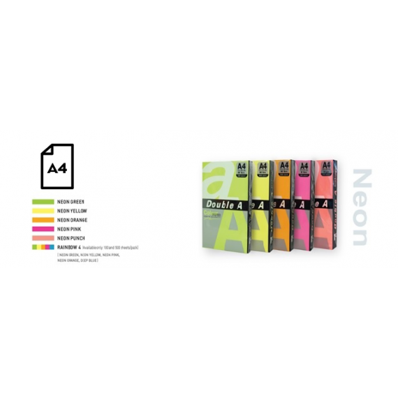 Spalvotas Neon popierius Double A, 75g, A4, 500 lapu, Rainbow 4 Neon Green, Neon Yellow, Neon Orange