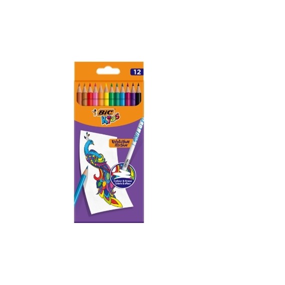 BIC Spalvoti pieštukai su trintuku Kids Evolution Illusion 12 spalvu rinkinys