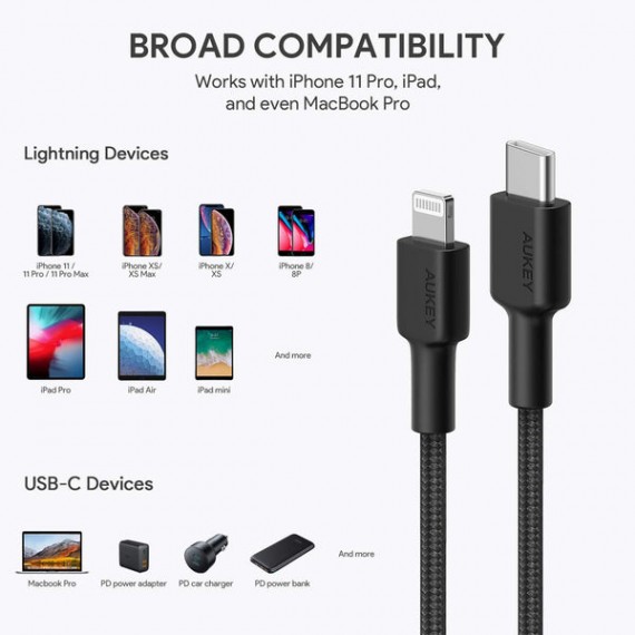 AUKEY CB-CL03 USB kabelis Quick Charge USB C-Lightning | 2m | Juoda