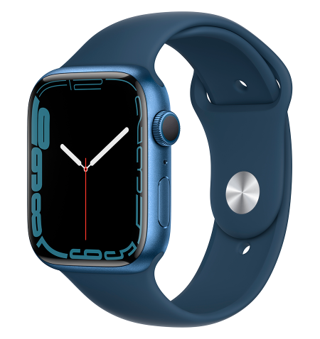 Apple Watch Series 7 GPS, 45 mm mėlynas aliuminio dėklas su bedugne Blue Sport Band - įprastas, A2474