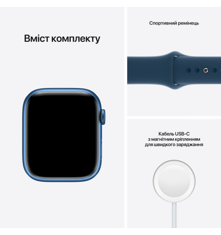 Apple Watch Series 7 GPS, 45 mm mėlynas aliuminio dėklas su bedugne Blue Sport Band - įprastas, A2474
