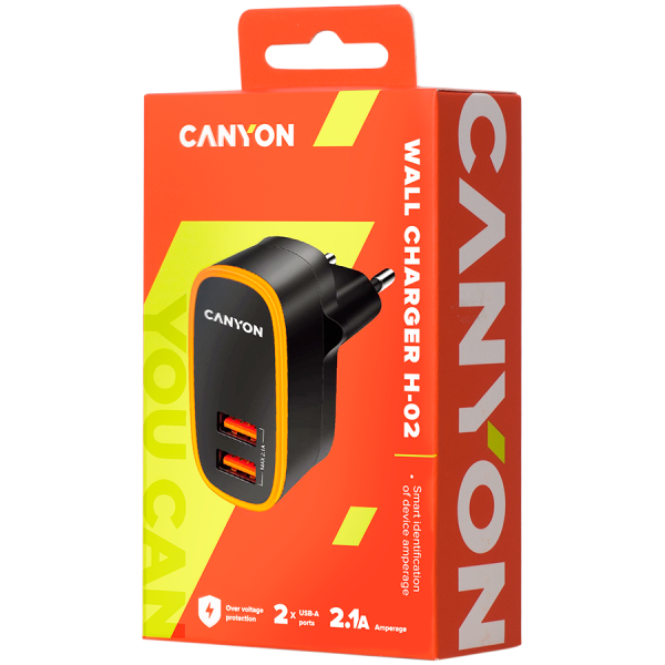 CANYON H-02 Universal 2xUSB AC charger (in wall) with over-voltage protection, Input 100V-240V, Output 5V-2.1A , with Smart IC, 
