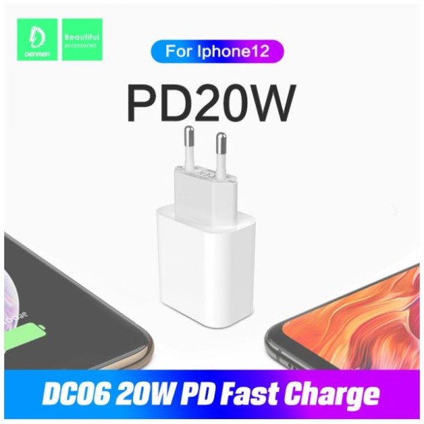 POWER SUPPLY CHARGER 3.6A 20W WHITE DENMEN + CABLE TYP-C 3600mAh DC06 POWER DELIVERY TYPE-C TO TYP-C