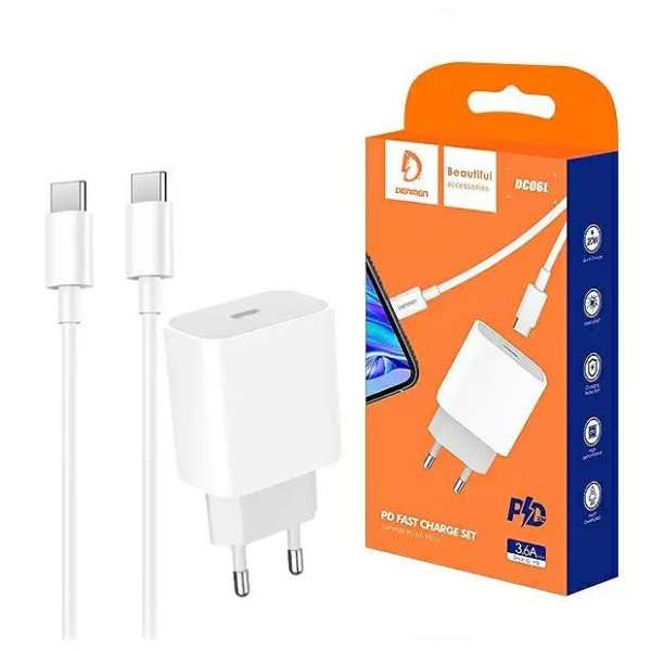 MAIN CHARGER 3A + CABLE TYP-C to TYP-C WHITE 20Watt  3600mAh USB DC06 POWER DELIVERY