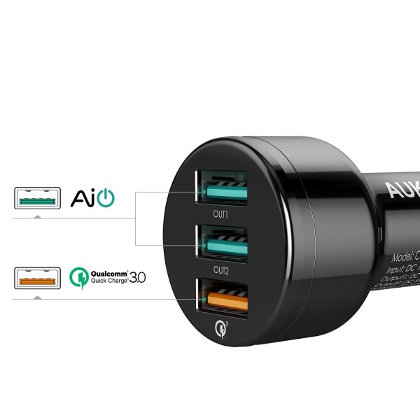 AUKEY CC-T11 mobile device charger Auto Black 3xUSB Quick Charge 3.0 7.8A 42W