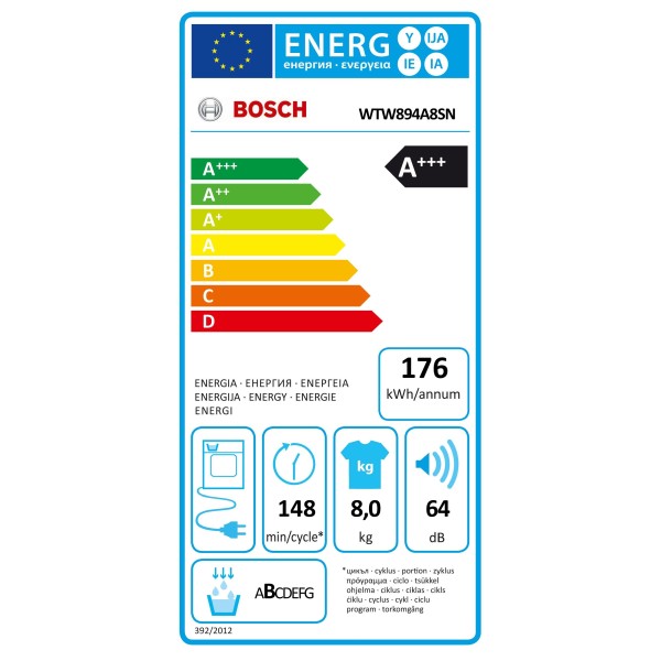 Bosch Tumble Dryer WTW894A8SN	 Energy efficiency class A+++, Front loading, 8 kg, Sensitive dry, LED, Depth 61.3 cm, White