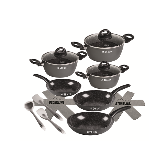 Stoneline Ceramic Cookware Set of 14 15710 3 pans  3 pots  3 lids, Black, Lid included