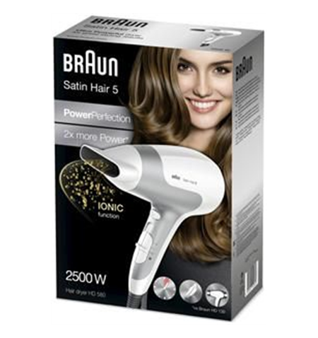 Braun Hair Dryer Satin Hair 5 HD 580 2500 W, Number of temperature settings 3, Ionic function, White/ silver