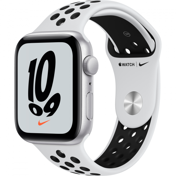 Apple Watch Nike SE GPS, 44mm Silver Aluminium Case with Pure Platinum/Black Nike Sport Band - Regular, Model A2352
