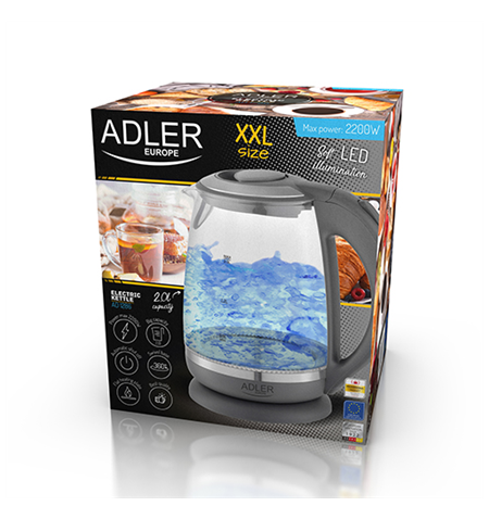 Adler Kettle AD 1286 Standard, 2200 W, 2 L, Plastic/ glass, Grey/ transparent, 360° rotational base